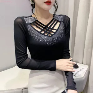 Womens Rhinestone Cross Strap Mesh Slim Cocktail Party Blouse Western Shirt Tops
